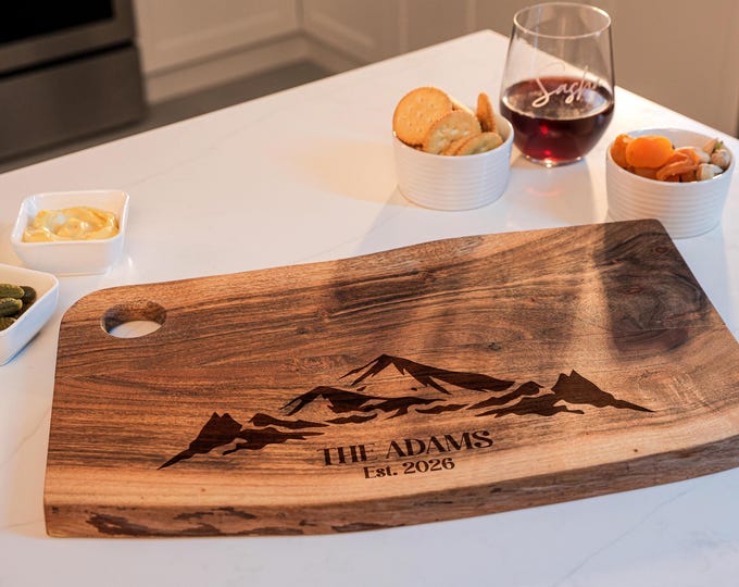 Personalized live edge cutting board - Mountain Ranges: Rustic Engraved Charcuterie Board for Couples, Adventure Seekers, cottage gift