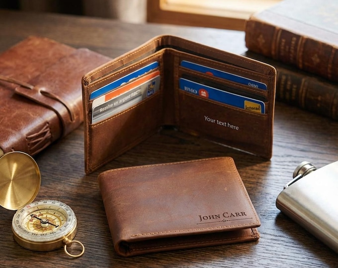 Personalized Distressed Leather Wallet | Custom Engraved Mens Bifold with Inside Message & Rugged Father's Day Gift