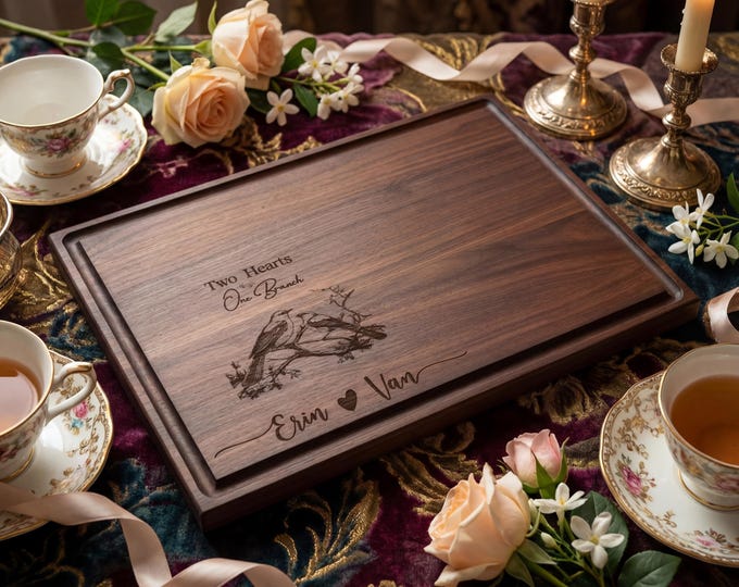 Bird Lover Gift for Couple | Personalized Cutting Board & "Two Hearts One Branch" Wedding Present