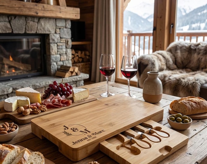 Personalized Cheese Board Set with Knives | Custom Bamboo Charcuterie Platter & Monogram Wedding Gift for Couple