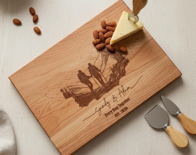 Personalized Cutting Board – Hiking Couple: Custom Charcuterie Board | Adventure, Anniversary, Engagement, Housewarming Party, Wedding Gift