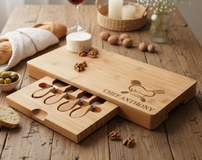 Personalized Bamboo Charcuterie Board Set – BBQ Chef: Custom Engraved Cheese Board, Husband Gift