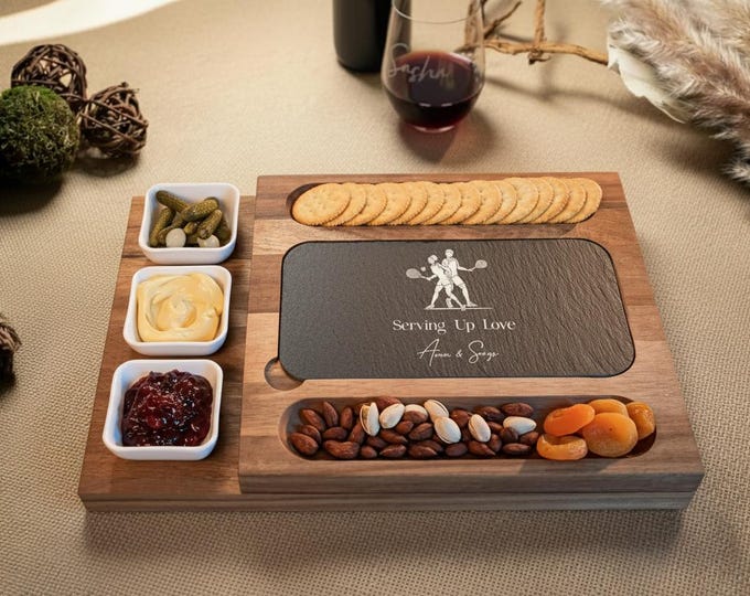 Personalized Charcuterie Set - Custom Engraved Cutting Board: Sport Enthusiasts, Tennis Lovers, Couple's Tennis Players, Housewarming Gift