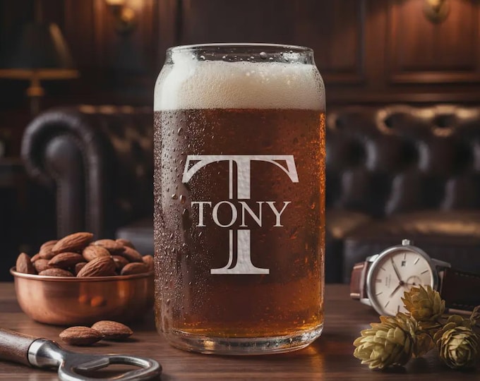 Personalized Monogrammed Beer Can Glass - Custom Engraved Groomsmen Craft Ale Barware
