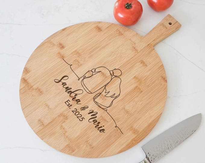 Personalized Pizza Board - Couple Line Art: Custom-Engraved Bamboo Pizza Peel | Housewarming, Wedding, Hosting, Engagement Unique Decor Gift