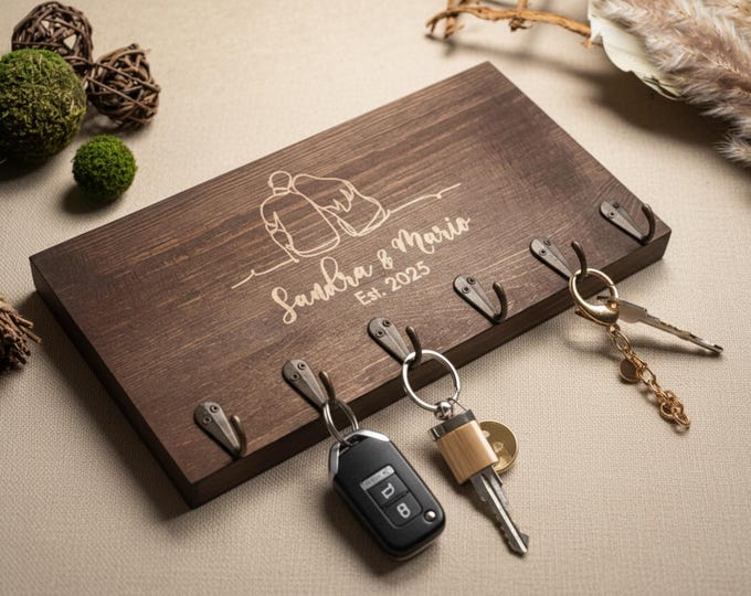 Personalized Key Hanger – Gift For The Couple: Custom Engraved Key Holder for Rustic Home Decor, Housewarming Gift, New Home Gift