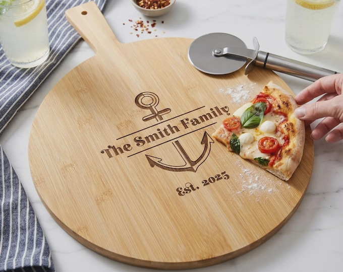 Personalized Anchor Bamboo Pizza Peel - Custom Nautical Housewarming Gift Board