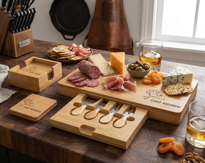 Personalized Bamboo Charcuterie Board Set – Chef Board: Custom Engraved Cheese Board, Gift for Dad, Husband or Boyfriend