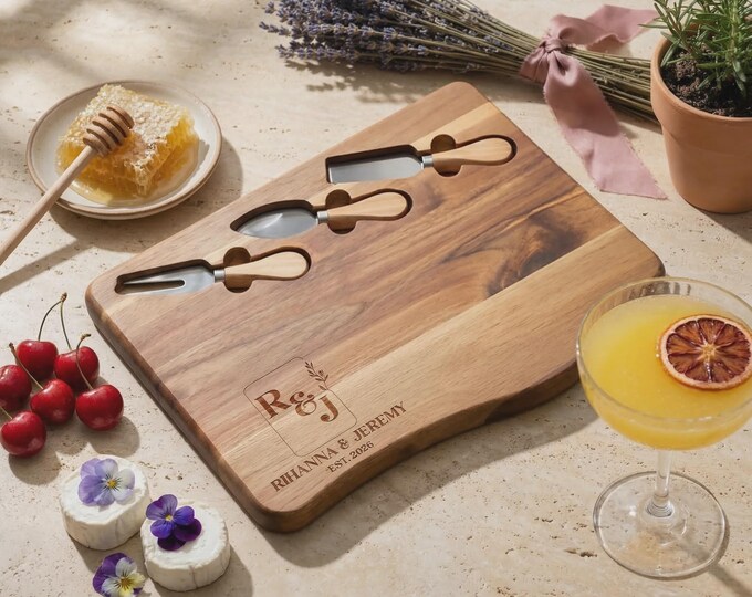 Personalized Acacia Charcuterie Board with Knife Set, Custom Engraved Wedding Gift for Couples