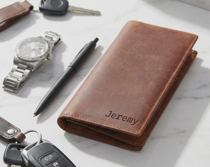 Personalized Crazy Horse Leather Long Wallet, Custom Engraved Monogrammed Gift for Him