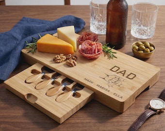Personalized Fist Bump Dad Charcuterie Board, Custom Engraved Father's Day Bamboo Cheese Set