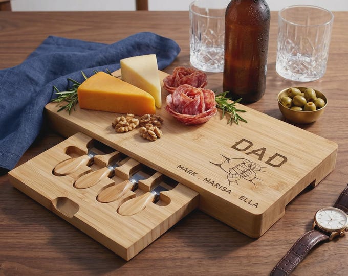 Personalized Fist Bump Dad Charcuterie Board - Engraved Father's Day Bamboo Cheese Set