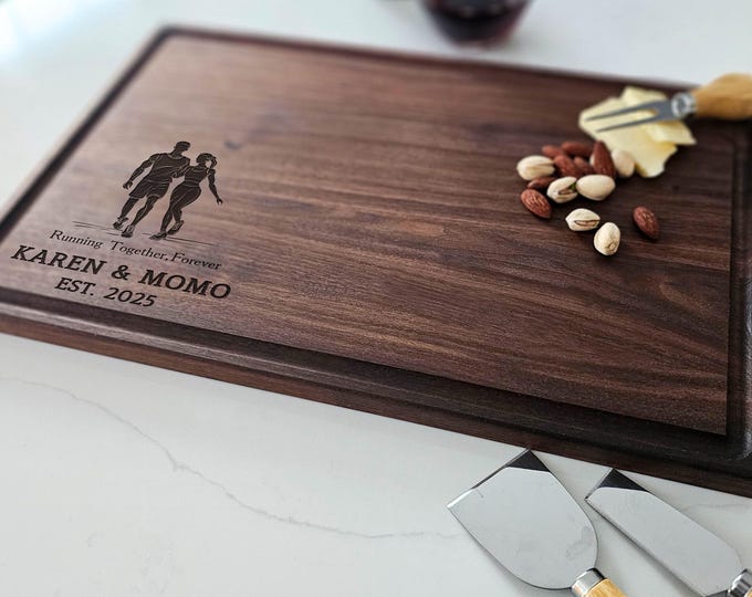 Personalized Cutting Board – Running Couple: Custom Engraved Charcuterie Board, Fitness Motivation, Athletic Couple, Jogging, Marathon Gift