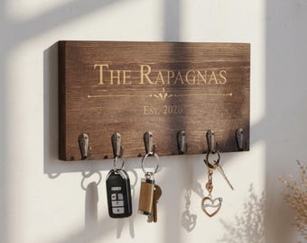 Personalized Rustic Key Hanger - Unique Custom Engraved Wood Key Holder for Housewarming, New Home, Couples & Farmhouse Decor