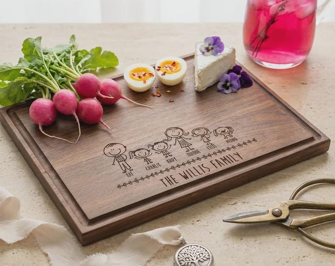 Personalized Family Cartoon Cutting Board, Custom Engraved Wooden Charcuterie Tray, Mother's Day Gift