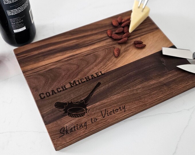 Personalized cutting board – Hockey Coach: Engraved "Skating to Victory" with Coach Name, Custom Hockey Stick & Puck Gift