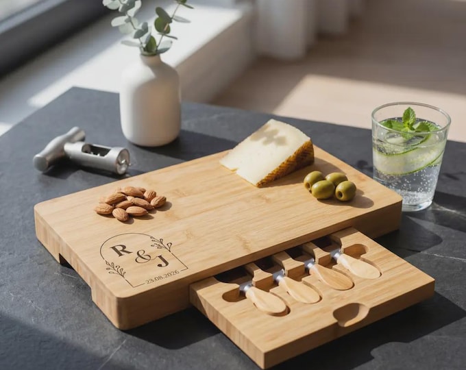 Personalized Monogram Bamboo Charcuterie Board - Engraved Wedding Gift for Couples - Custom Cheese Set with Knives