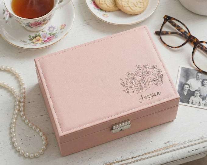 Personalized Pink Jewelry Organizer, Custom Engraved Flower Trinket Case, Bridesmaid Proposal Box, Floral Keepsake for Her