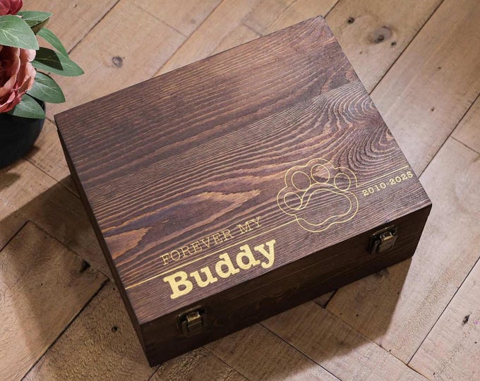 Personalized Pet Memorial Keepsake Box, Engraved Wooden Trinket Box: Customized Rustic Keepsake Box, Forever My Buddy Gift Box