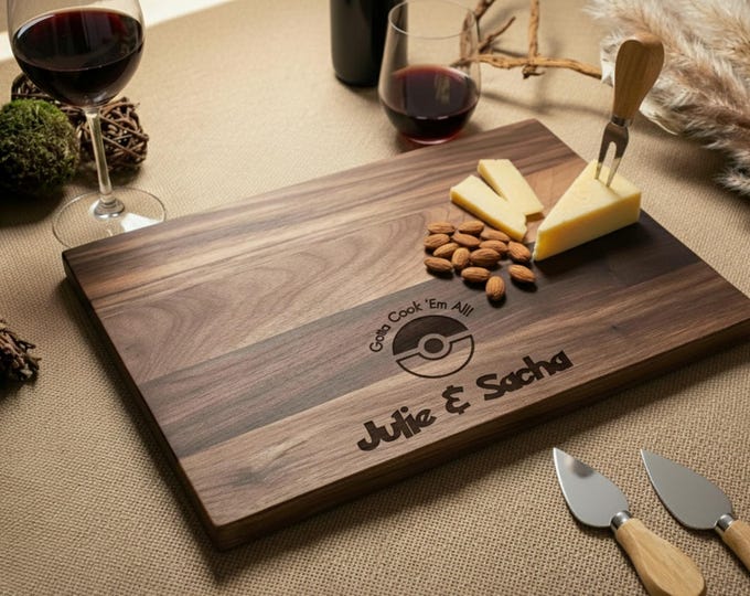 Personalized cutting board – Pokémon: Custom Engraved "Gotta Cook 'Em All!" in Pokémon Font with Couple Names & Date, Unique Gamer Gift
