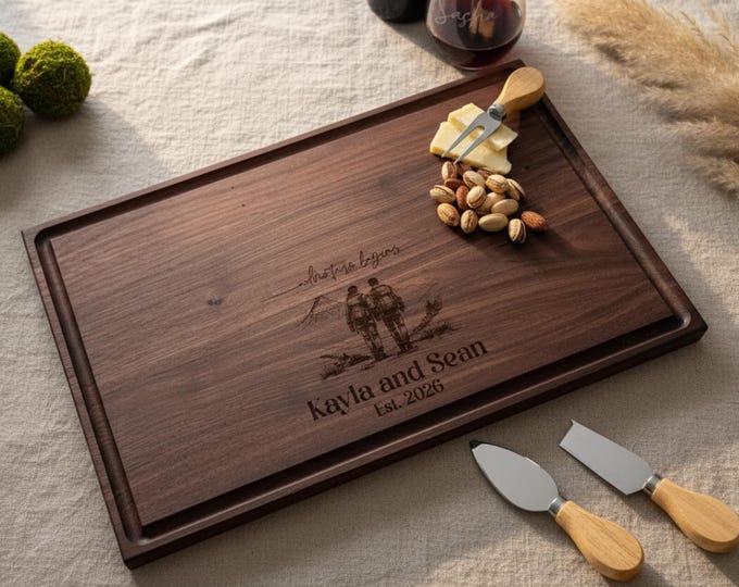 Personalized Cutting Board – Adventure Begins: Customized Cutting Board, Outdoorsy Couple, Exploring, Gift for the Couple, Housewarming Gift