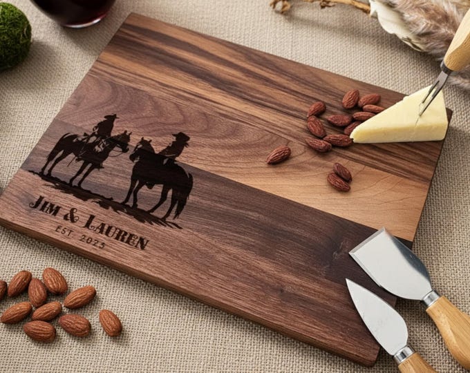 Personalized Cutting Board – Cowboy & Cowgirl with Horse: Custom Engraved Charcuterie Western Kitchen Decor, Gift for Him and Her