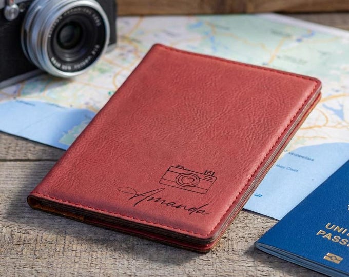 Personalized Vegan Leather Passport Holder, Custom Camera Engraved Travel Wallet, Photographer Gift