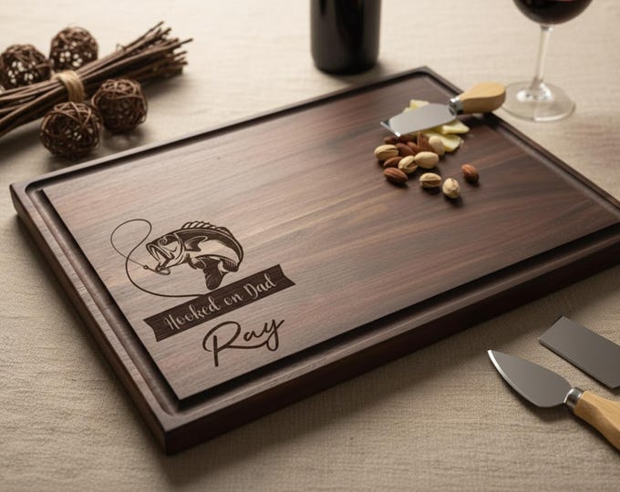 Personalized Cutting Board for Dad – Perfect Father's Day Gift – Engraved with Custom Name for a Unique Touch – Fishing Lover Birthday Gift