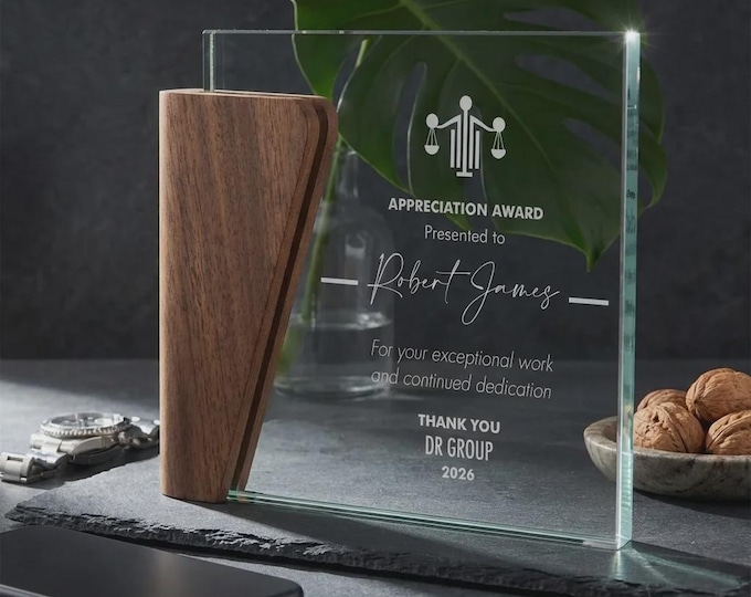 Personalized Glass and Wood Appreciation Award, Custom Professional Recognition Trophy, Lawyer Gift