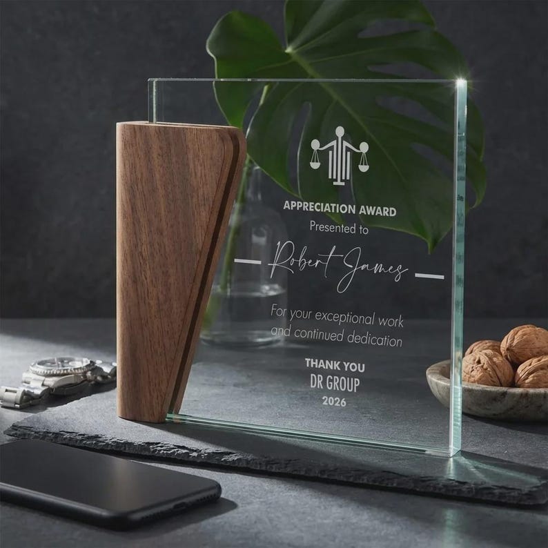 Personalized Glass and Wood Appreciation Award, Custom Professional ...