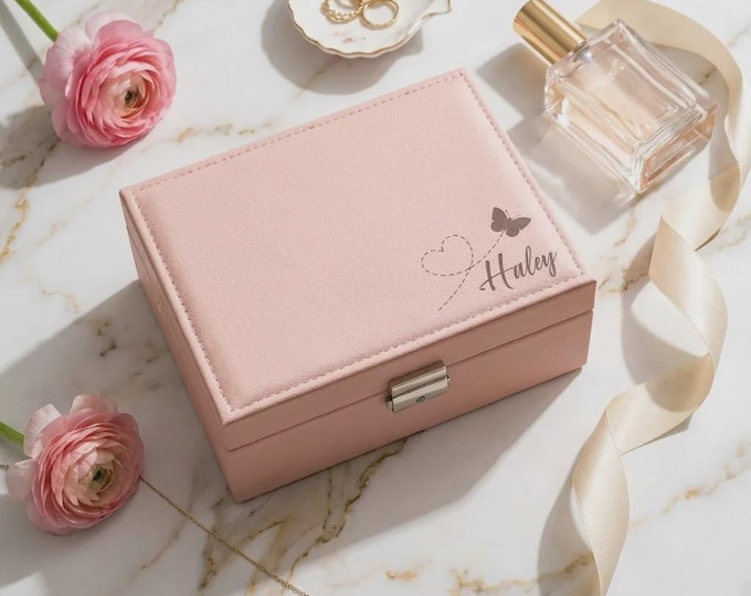 Personalized Vegan Leather Jewelry Box with Lock, Custom Engraved Butterfly Theme, Mother's Day Gift