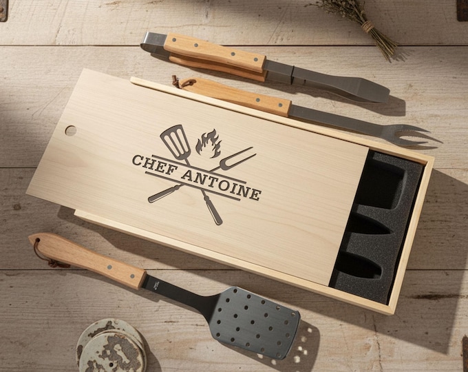 Monogrammed BBQ Set Gift for Men | 3-Piece Stainless Steel Grill Utensil Kit with Custom Name on Wooden Handle