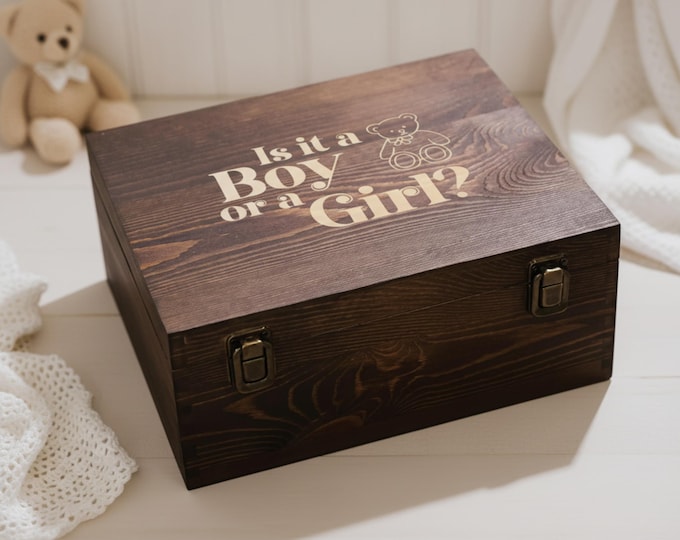 Personalized Wooden Gender Reveal Memory Box – Engraved Rustic Keepsake for Baby Girl or Boy
