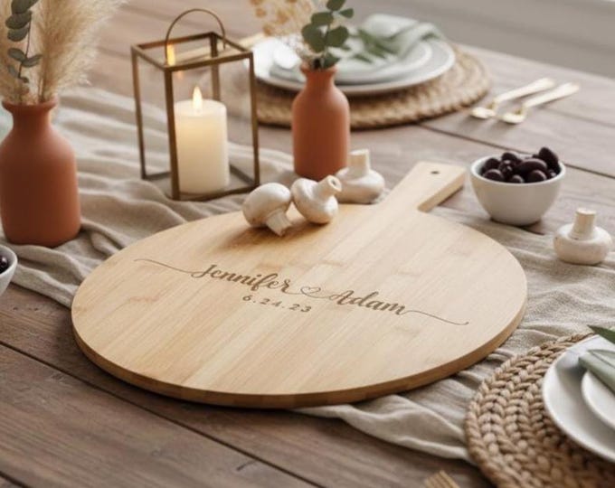 Personalized Bamboo Pizza Board, Custom Engraved with Names & Date, Wedding Engagement Housewarming Gift, Kitchen Decor