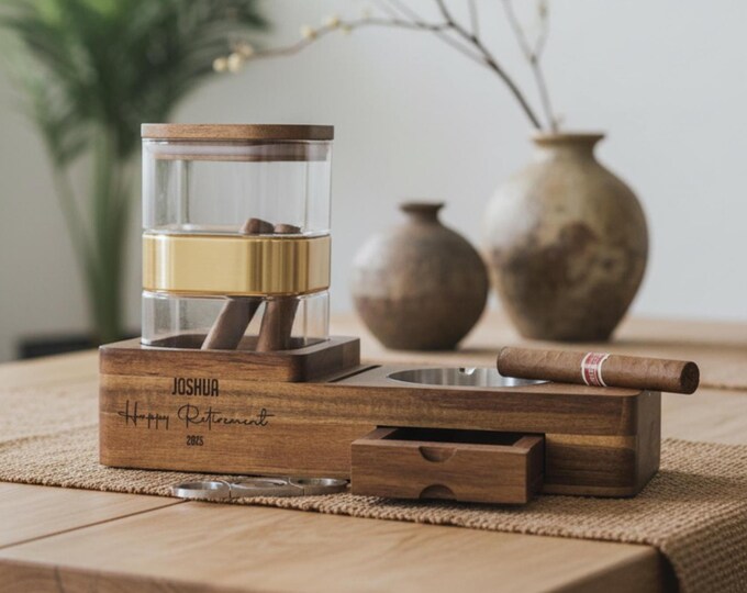Personalized Cigar Ashtray and Humidor Set - Retirement Present: Customized Smoking Accessories Gift for Husband, Boyfriend, Colleague