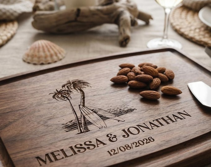 Personalized Surfer Cutting Board, Custom Engraved Beach House Charcuterie Platter, Gift for the Couple