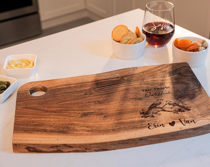 Personalized live edge cutting board - Birds - Rustic Custom Engraved Charcuterie Board: Bird Watcher, Bird Lovers, Couples, Hosting Gift