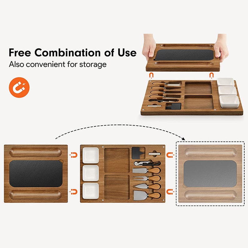 Acacia cheese board showing free combination of use, also convenient for storage
