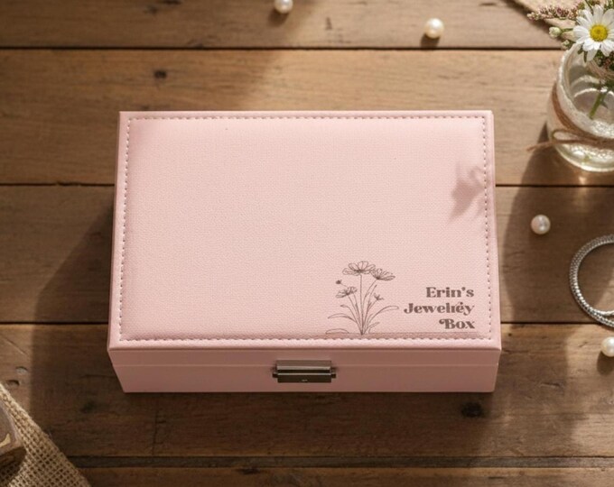Personalized Faux Leather Jewelry Box: Flower Themed, Custom Engraved Jewelry Organizer - Mother's Day, Daughter, Wife, Grandma Gift