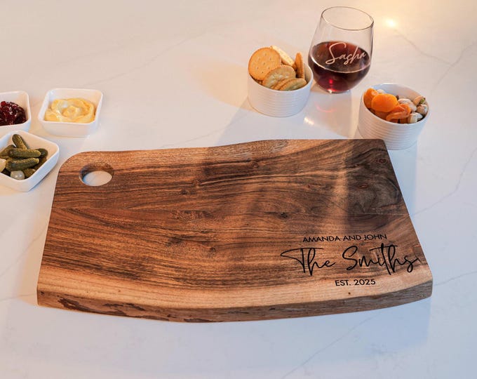 Personalized live edge cutting board - Rustic Custom Engraved Charcuterie Board: Couples, housewarming, Hosting, Wedding, Christmas Gifts