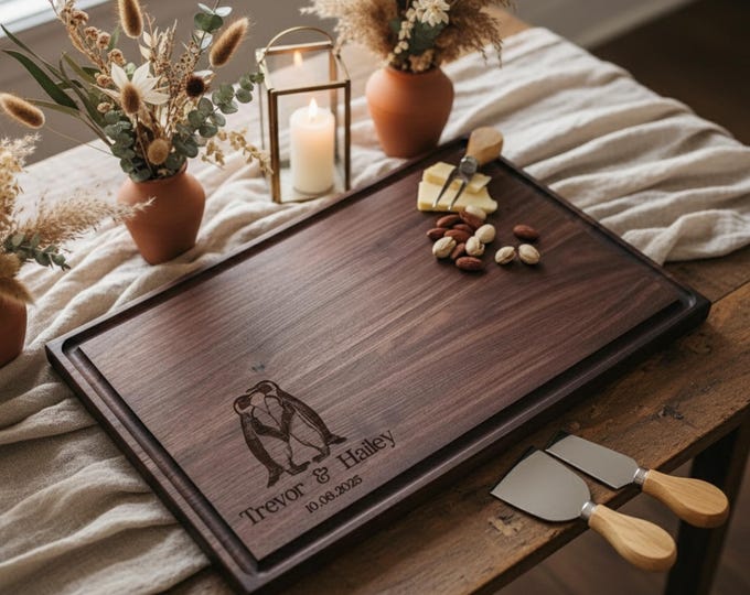 Personalized Cutting Board – Penguin Themed: Customized Cutting Board, Housewarming, Wedding Gift, Romantic penguin gift, Wildlife Gift