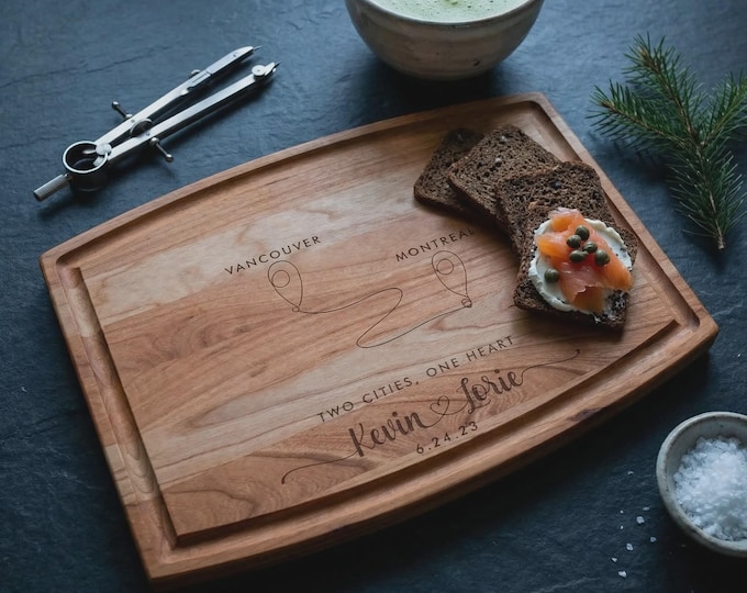Personalized Two Cities One Heart Cutting Board, Custom Engraved Wood Charcuterie Tray, Wedding Gift