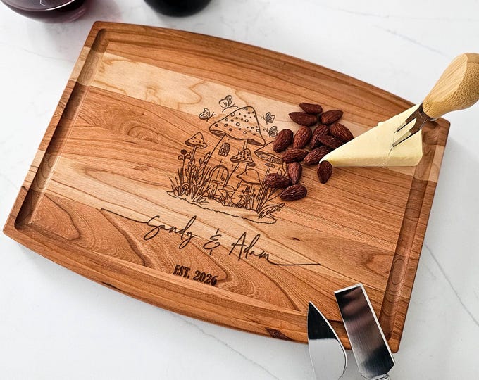 Personalized Cutting Board – Mushroom Couple: Custom Charcuterie Board | Whimsical Mushrooms Design, Wedding, Housewarming, Engagement Gift