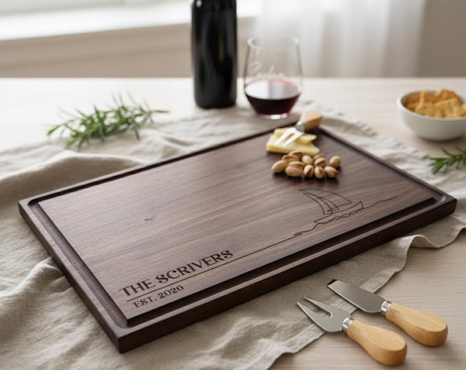 Personalized cutting board, Sailing Boat: Custom Engraved Charcuterie Board, Nautical board, Housewarming Gift, Anniversary, Coastal Kitchen