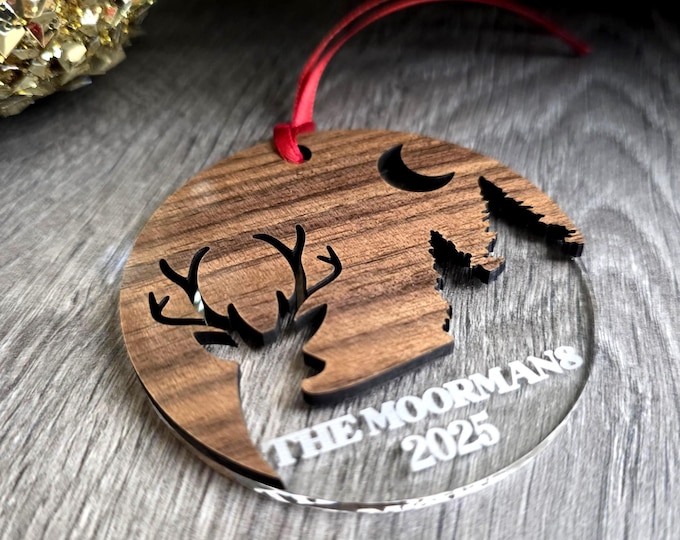 Personalized Family Name Walnut Christmas Ornament with Plexi Back