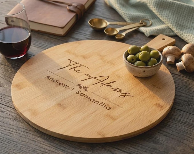 Personalized Bamboo Pizza Peel with Handle, Custom Engraved Round Cutting Board, Wedding Gift