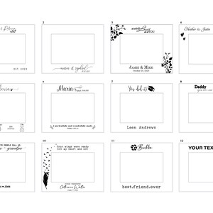 May include: A collection of twelve white square frames with various text and decorative elements. The frames feature text such as names, dates, and phrases like "You did it!" and "best.friend.ever". Some frames include floral or heart designs.