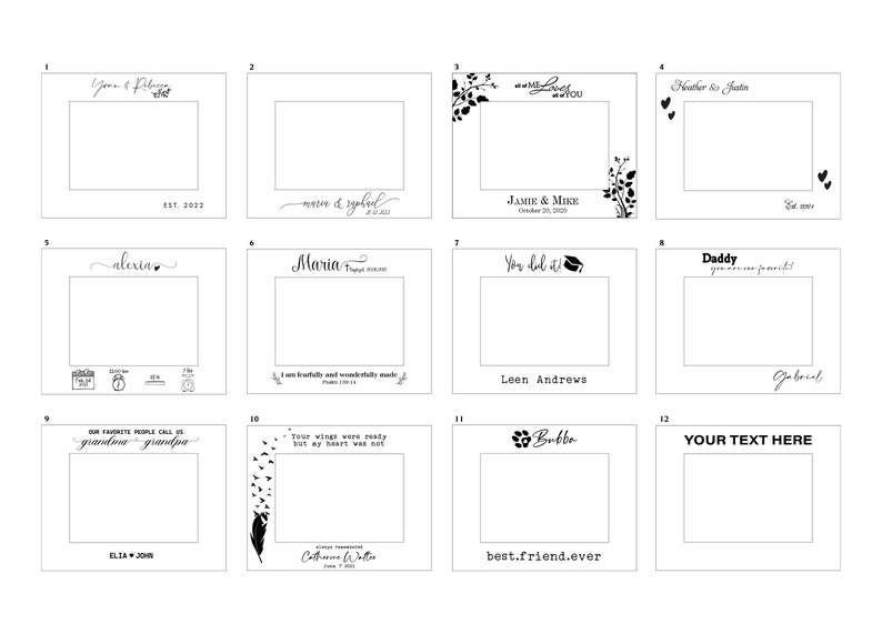 May include: A collection of twelve white square frames with various text and decorative elements. The frames feature text such as names, dates, and phrases like "You did it!" and "best.friend.ever". Some frames include floral or heart designs.