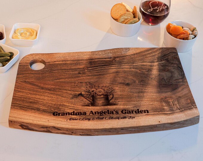 Personalized Live Edge Cutting Board - Grandma's Garden: Rustic Engraved Charcuterie Board | Mother's Day, Birthday, Gardening, Grandma Gift