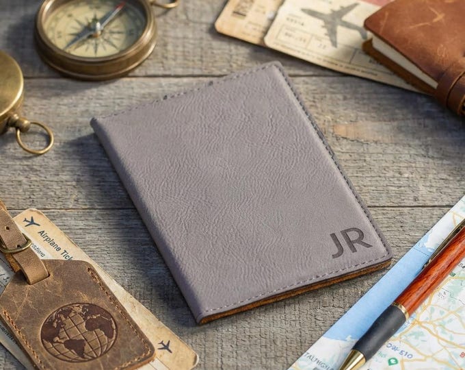 Personalized Monogrammed Vegan Leather Passport Holder, Custom Engraved Travel Wallet for Him